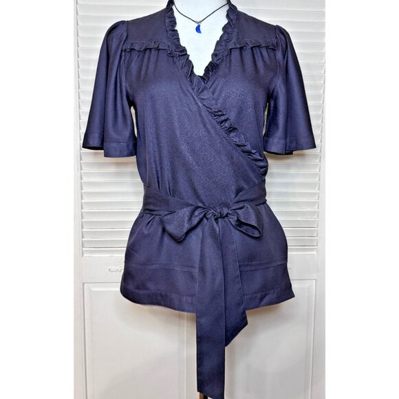 Marc Jacobs Womens Navy Silk Wrap Blouse Ruffle Trim Sz‎ 6 Office to Evening - Picture 9 of 14